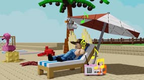 A Grow a Garden shopkeeper in a beach chair