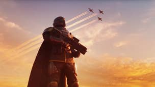 A Helldiver standing proudly has jets fly overhead in Helldivers 2.