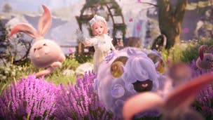 Nikki chases Blushbunnies and a Sheep through purple meadowland.