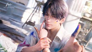 Rafayel, with his face and shirt covered in small paint splatters, smiles slightly as the first-person POV heroine uses her finger to smudge more paint on his face. (Love and Deepspace)