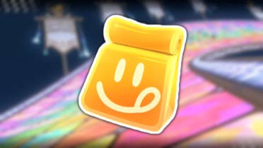 A Dash Food bag can be seen laid over the top of an image of Rainbow Road in Mario Kart World