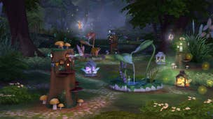 A woodland scene at night, with numerous multi-coloured lights in among tree stumps. Small fairy Sims can be seen flying between miniature houses among the foliage.