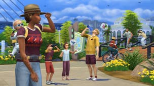 A family of Sims, including an infant in a harness, hike together through a city park in The Sims 4 Growing Together.