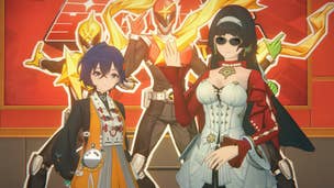 Belle and Astra Yao post in front of a giant red poster of the Starlight Knight, in a piece of key art for Zenless Zone Zero Season 2.